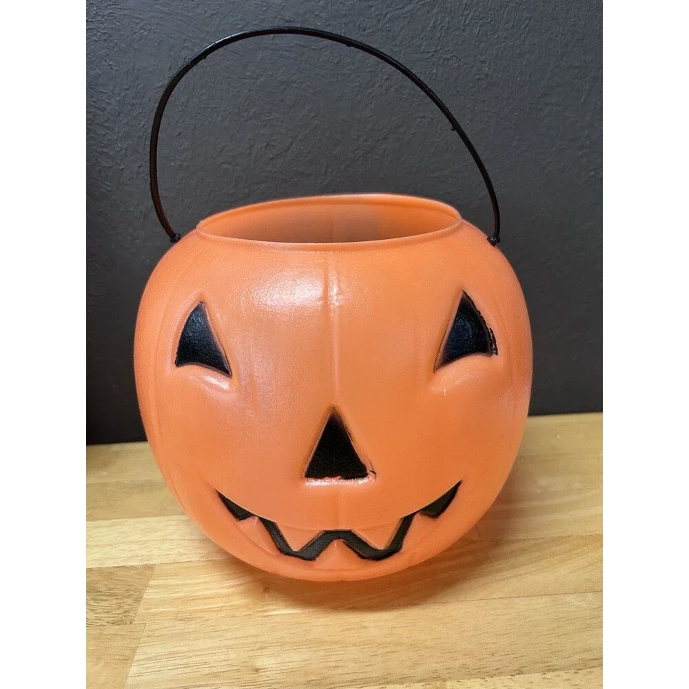 Orange Pumpkin Blow Mold Pail Bucket Handle Halloween Trick or Treat Candy